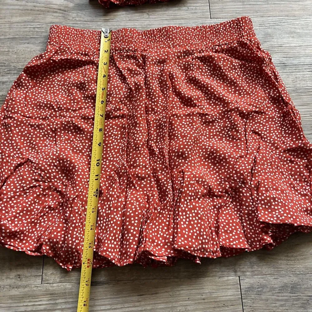 LOFT Puff Sleeve Dotted Smocked Top and Skirt SET Medium Red Orange White